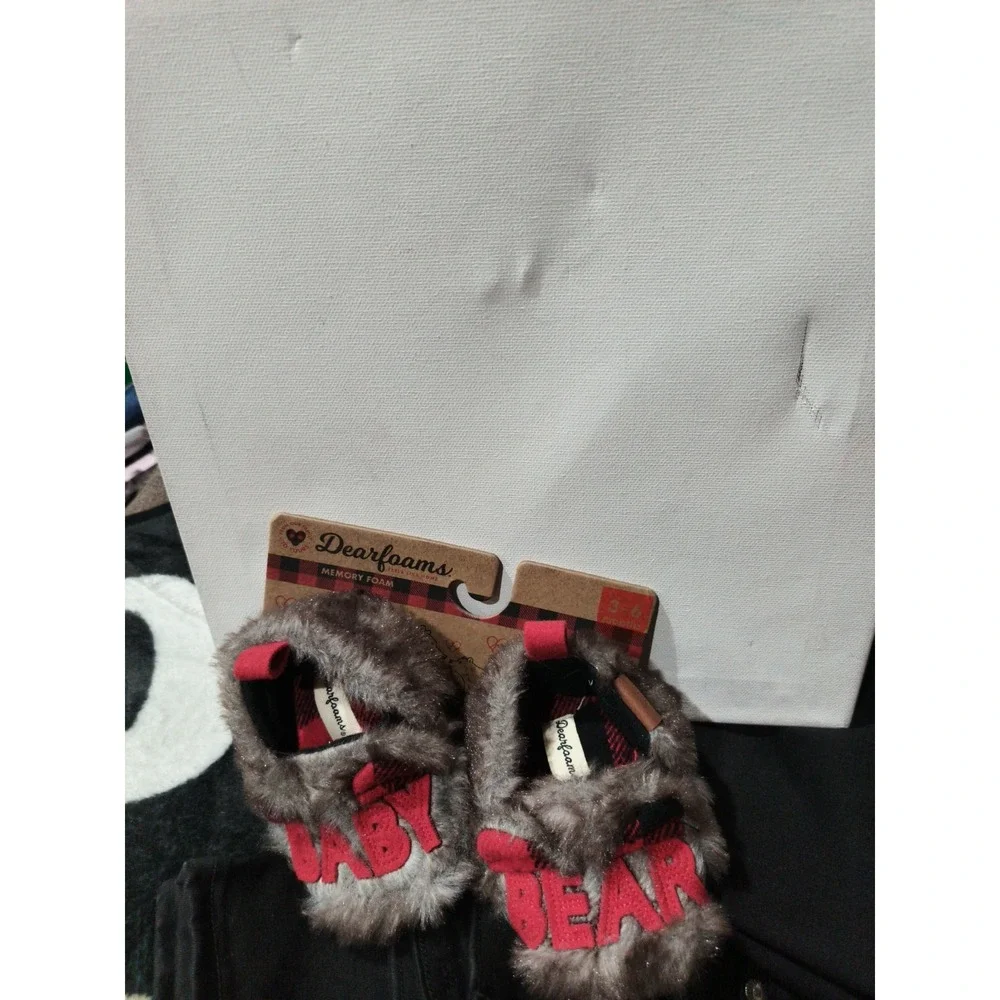 Baby Dearfoams BABY BEAR Applique Brown Faux Fur Fuzzy Slippers 3-6 Months